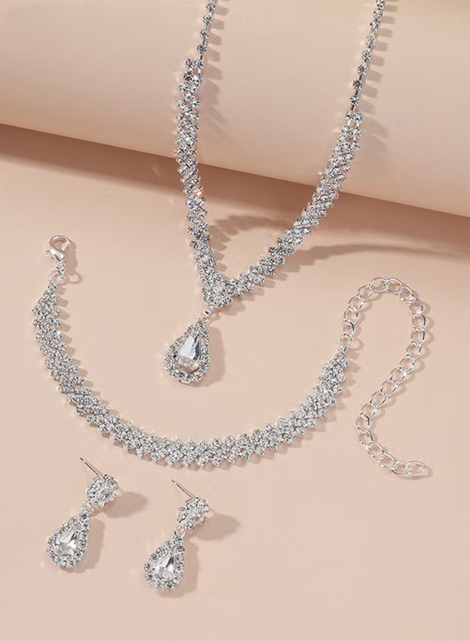 GIFT Women's 4 PCS Rhinestone Necklace Earrings Bracelet Set Drop-Shaped Pendant V-Neck Chain Ear Dangle Bridal Evening Dress Accessories for Women Simple Versatile Silver - Image 2